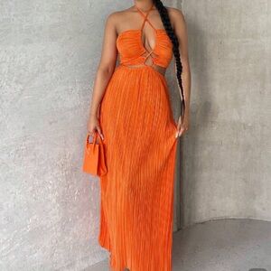 Orange Pleated Wrap Maxi Dress